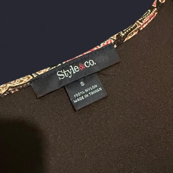 Style & Co Dark Brown & Orange Boho Floral Pattern Faux Wrap Mesh Fairy Top S - Picture 8 of 8